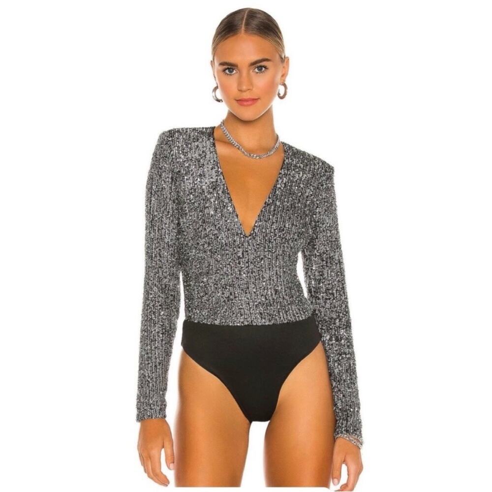 Bardot Siren Silver Sequin Long Sleeve Deep V Bodysuit XS - Picture 2 of 9